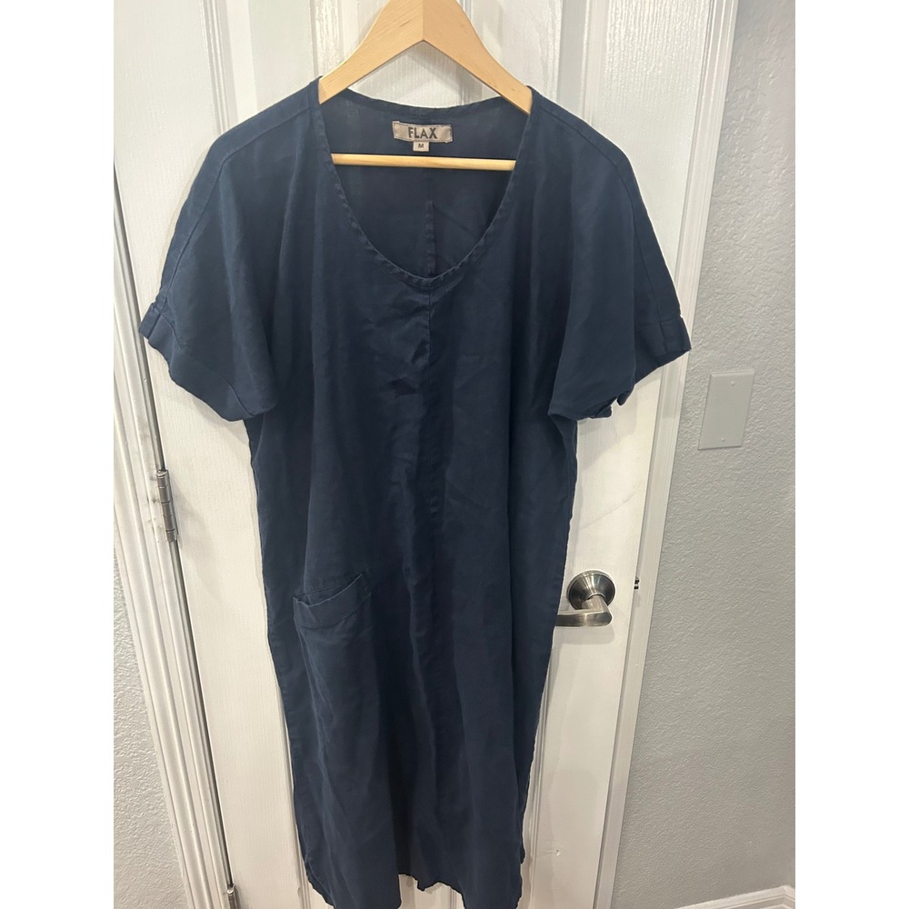 FLAX Linen Midi Dress Navy Blue Short Sleeve Pocket Lagenlook Minimalist